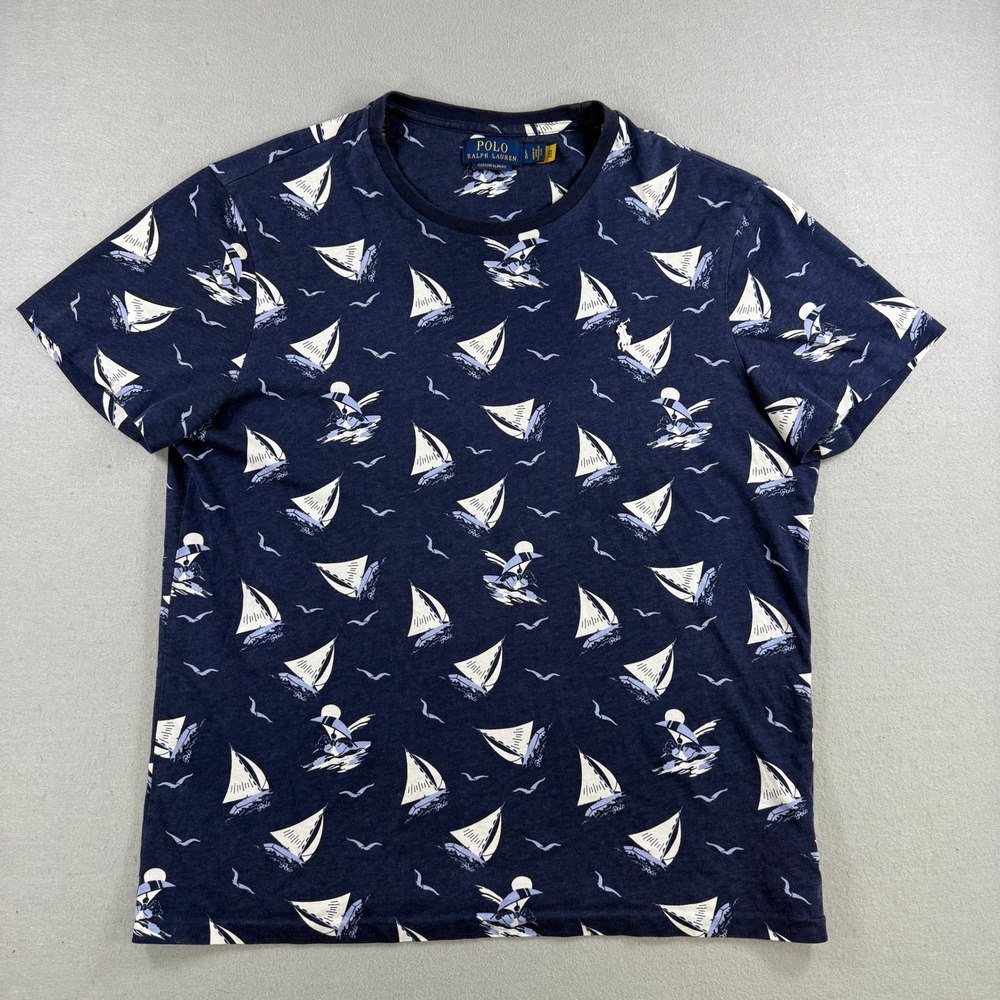 Polo Ralph Lauren T-Shirt Mens Large Navy Sailboat Print Custom Slim Fit Island